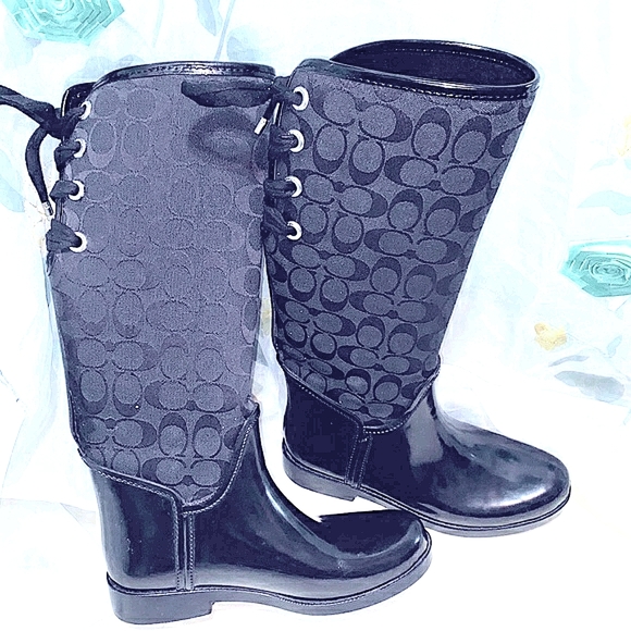 COACH TRISTEE BLACK RAIN BOOTS SZ 8 B - Picture 2 of 13